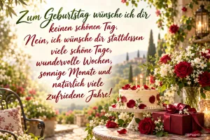 Eine Torte, rote Rosen und ein Geschenk stehen auf einer sonnigen Gartenterrasse neben den Wünschen "Zum Geburtstag".