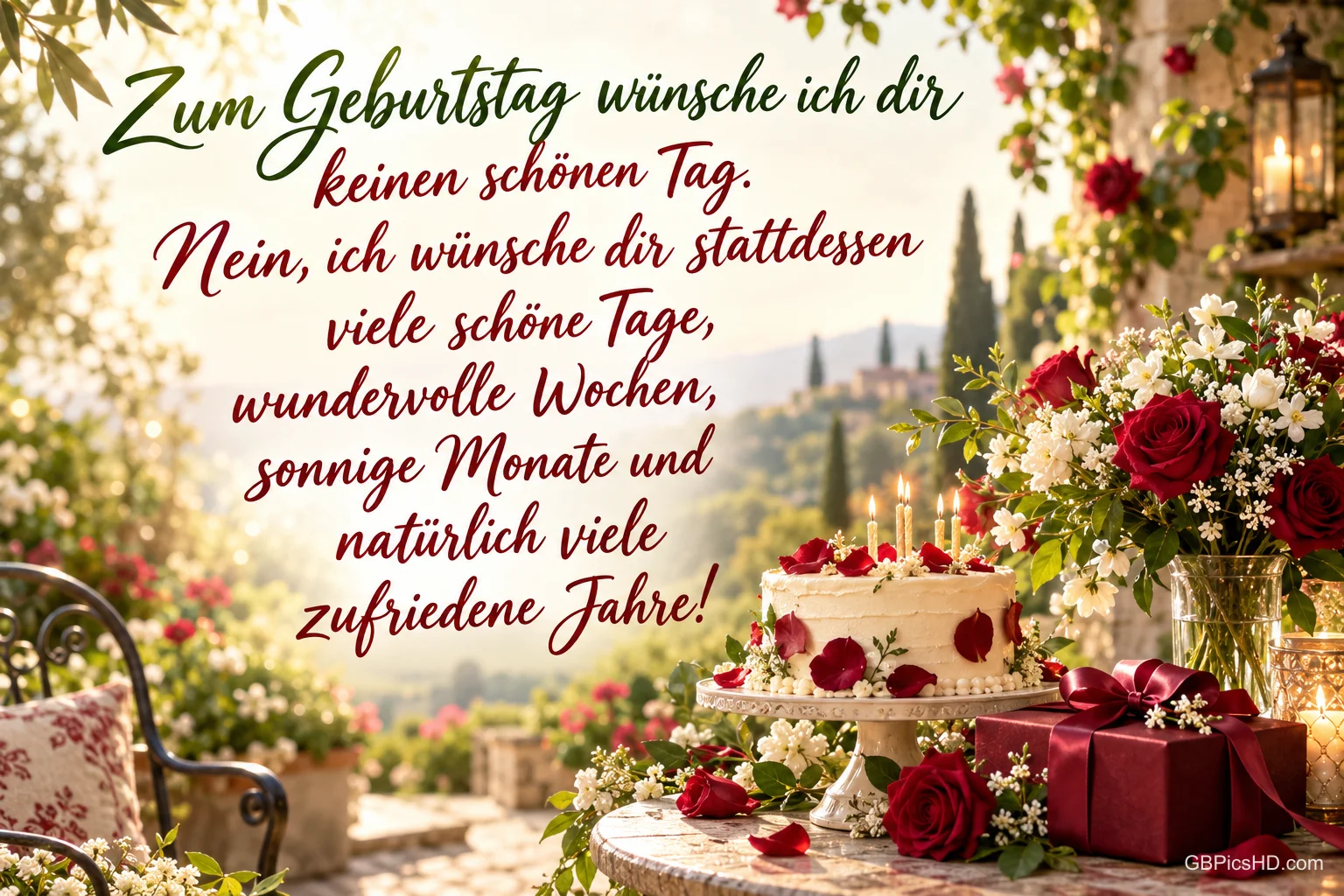 Eine Torte, rote Rosen und ein Geschenk stehen auf einer sonnigen Gartenterrasse neben den Wünschen "Zum Geburtstag". Eine Torte, rote Rosen und ein Geschenk stehen auf einer sonnigen Gartenterrasse neben den Wünschen "Zum Geburtstag".
