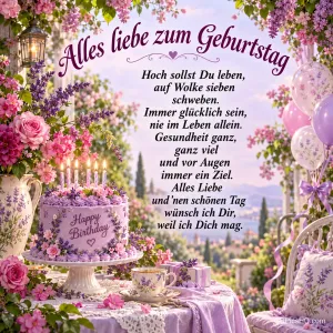 Lila Geburtstagstorte mit Kerzen, Blumen, Ballons und ein gedeckter Gartentisch mit "Alles Liebe zum Geburtstag".