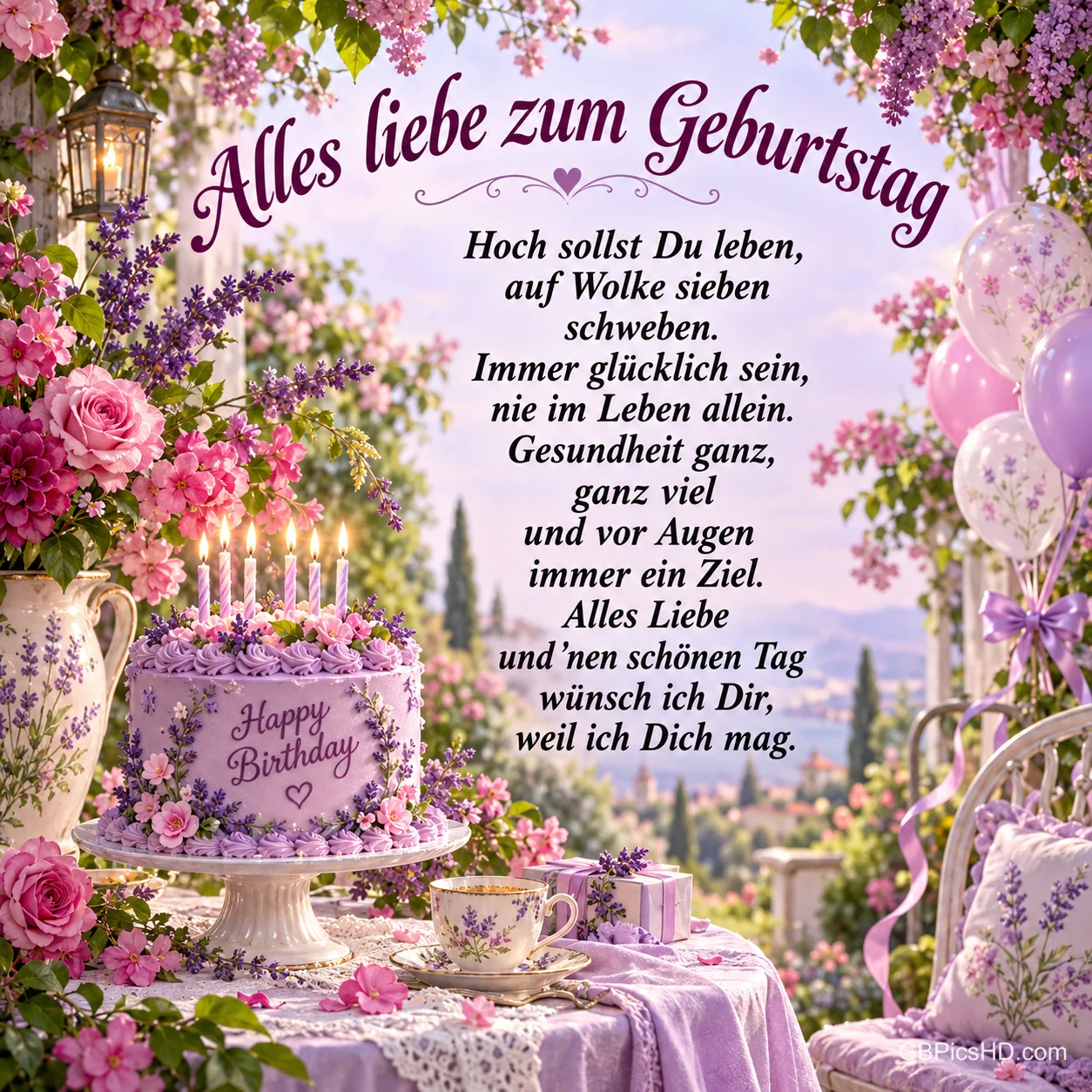 Lila Geburtstagstorte mit Kerzen, Blumen, Ballons und ein gedeckter Gartentisch mit "Alles Liebe zum Geburtstag". Lila Geburtstagstorte mit Kerzen, Blumen, Ballons und ein gedeckter Gartentisch mit "Alles Liebe zum Geburtstag".