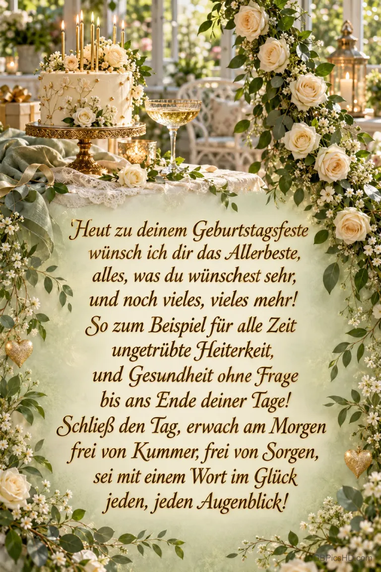 Cremefarbene Rosen und zwei verzierte Sektgläser vor hellem Lichterglanz mit "Heut zu deinem Geburtstagsfeste".