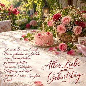 Ein Korb mit rosa und roten Rosen und eine rosa Torte stehen auf einem Gartentisch über dem Gruß "Alles Liebe zum Geburtstag".
