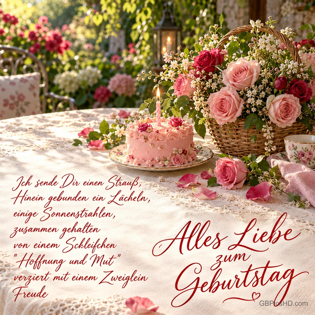 Ein Korb mit rosa und roten Rosen und eine rosa Torte stehen auf einem Gartentisch über dem Gruß "Alles Liebe zum Geburtstag". Ein Korb mit rosa und roten Rosen und eine rosa Torte stehen auf einem Gartentisch über dem Gruß "Alles Liebe zum Geburtstag".