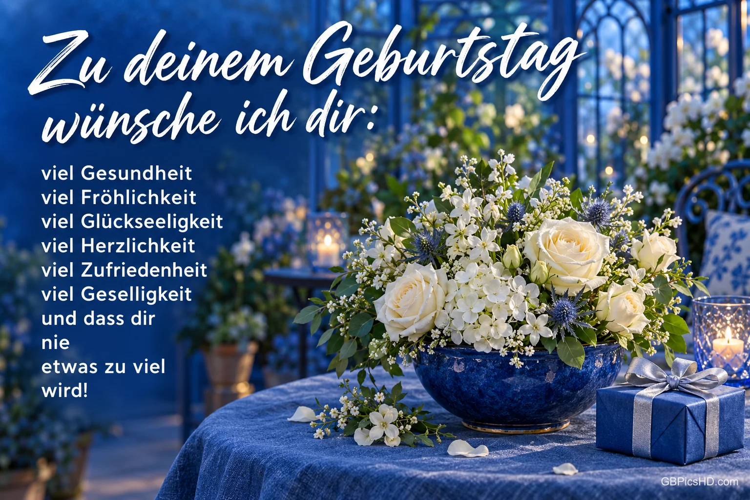 Weiße Rosen in einer blauen Schale, ein blaues Geschenk und Kerzenlicht mit "Zu deinem Geburtstag wünsche ich dir:".