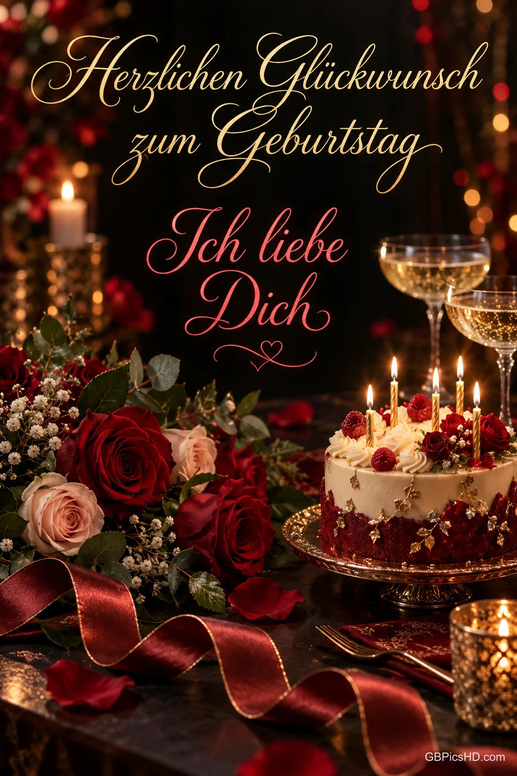 Rote Rosen, eine Geburtstagstorte und Sektgläser bei Kerzenschein begleiten "Herzlichen Glückwunsch zum Geburtstag" und "Ich liebe Dich". Rote Rosen, eine Geburtstagstorte und Sektgläser bei Kerzenschein begleiten "Herzlichen Glückwunsch zum Geburtstag" und "Ich liebe Dich".
