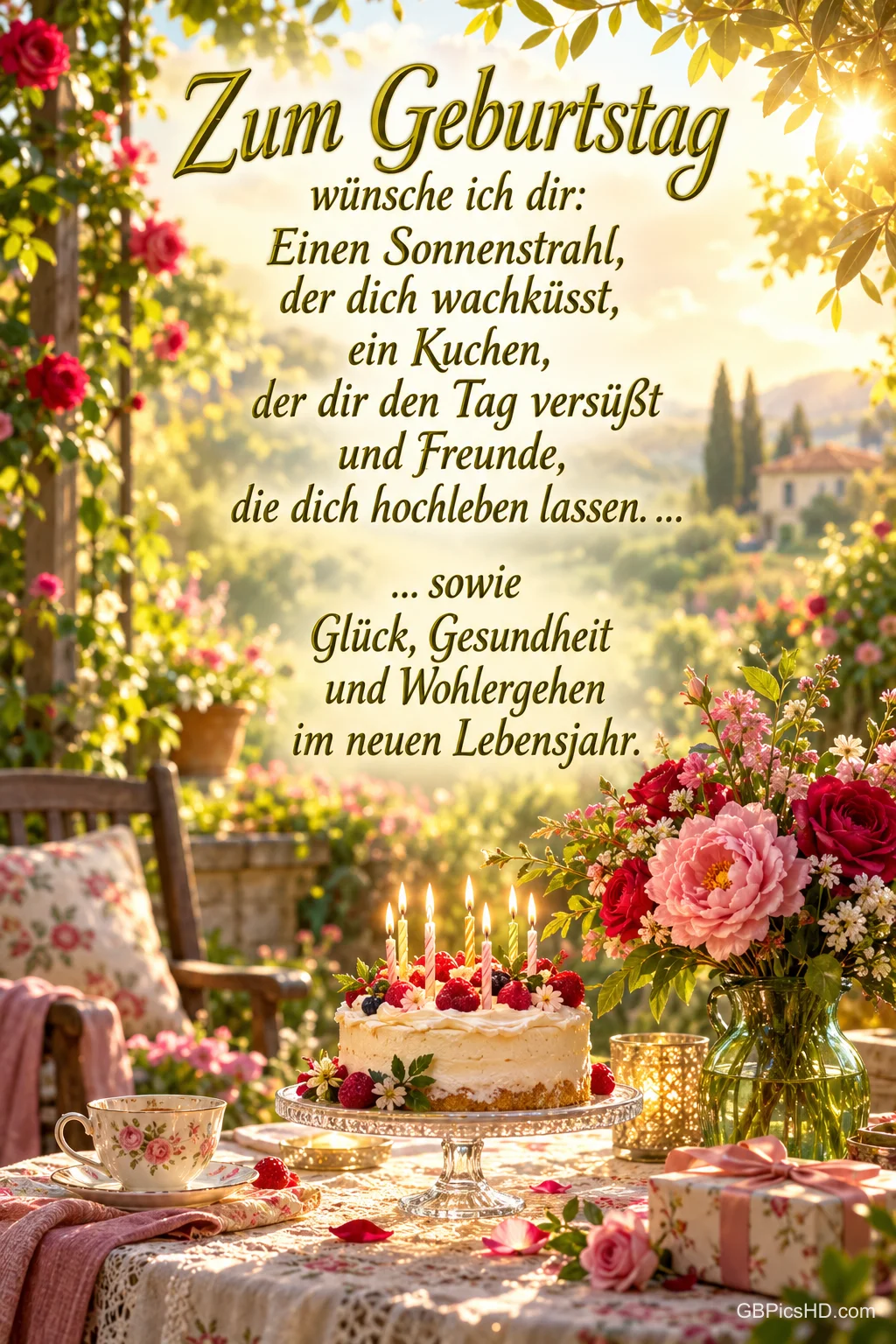 Ein sonniger Gartentisch mit Kerzentorte, Blumenstrauß, Teetasse und Geschenk trägt die Wünsche "Zum Geburtstag".