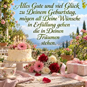 Kerzentorte, Rosen, rosa Gerbera und Geschenk auf einer Terrasse mit "Alles Gute und viel Glück zu Deinem Geburtstag".