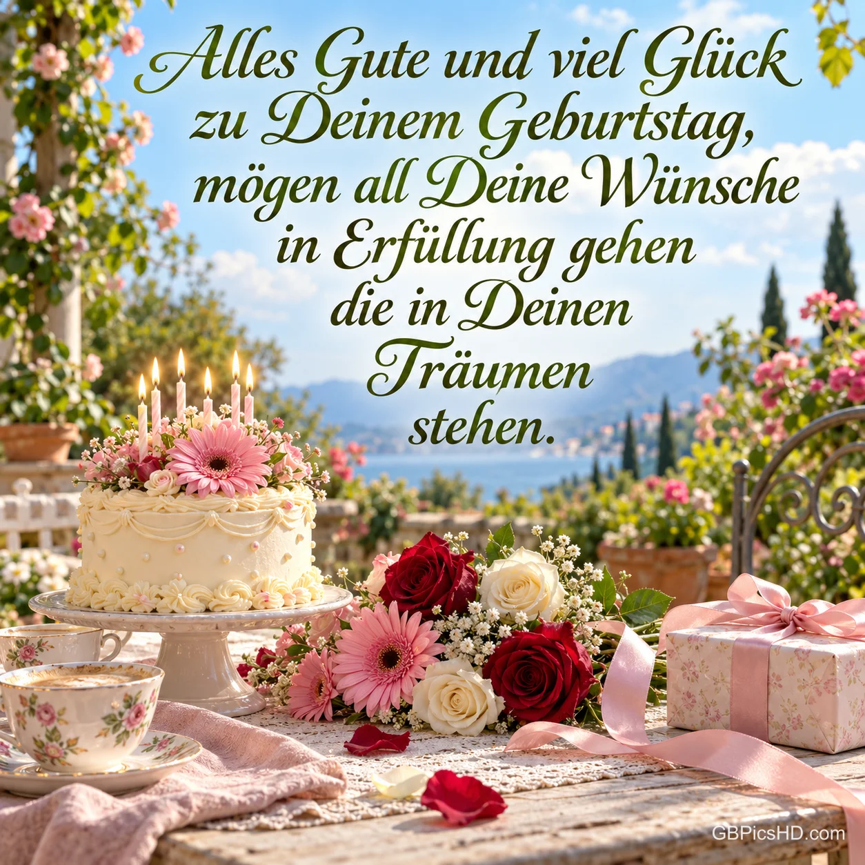 Kerzentorte, Rosen, rosa Gerbera und Geschenk auf einer Terrasse mit "Alles Gute und viel Glück zu Deinem Geburtstag".