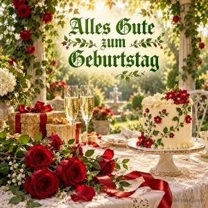 Rote Rosen, Torte, Sekt, Geschenke und Schmetterlinge schmücken den Gruß "Alles Gute zum Geburtstag".
