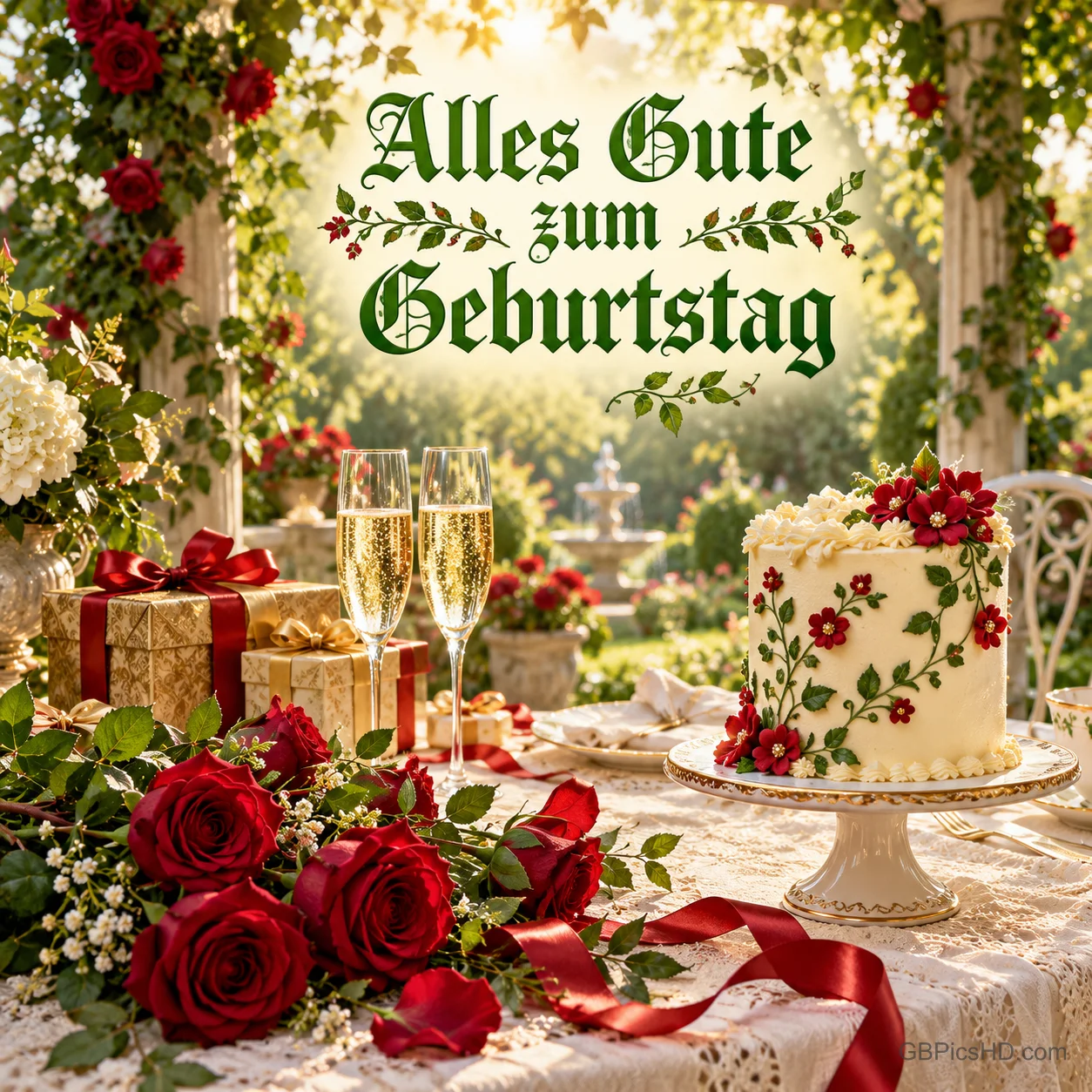 Rote Rosen, Torte, Sekt, Geschenke und Schmetterlinge schmücken den Gruß "Alles Gute zum Geburtstag".