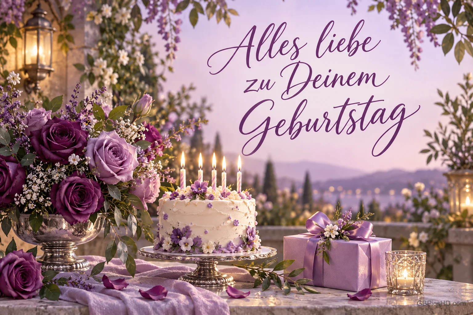 Lila Rosen, eine Torte mit Kerzen und ein Geschenk stehen auf einer Terrasse: "Alles Liebe zu Deinem Geburtstag".