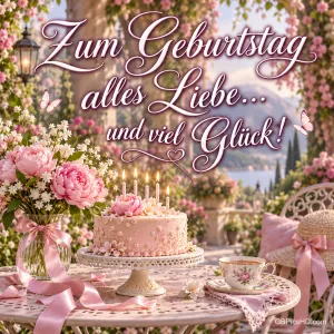 Rosa Pfingstrosen, Geburtstagstorte und eine Teetasse auf einem Gartentisch: "Zum Geburtstag alles Liebe... und viel Glück!".