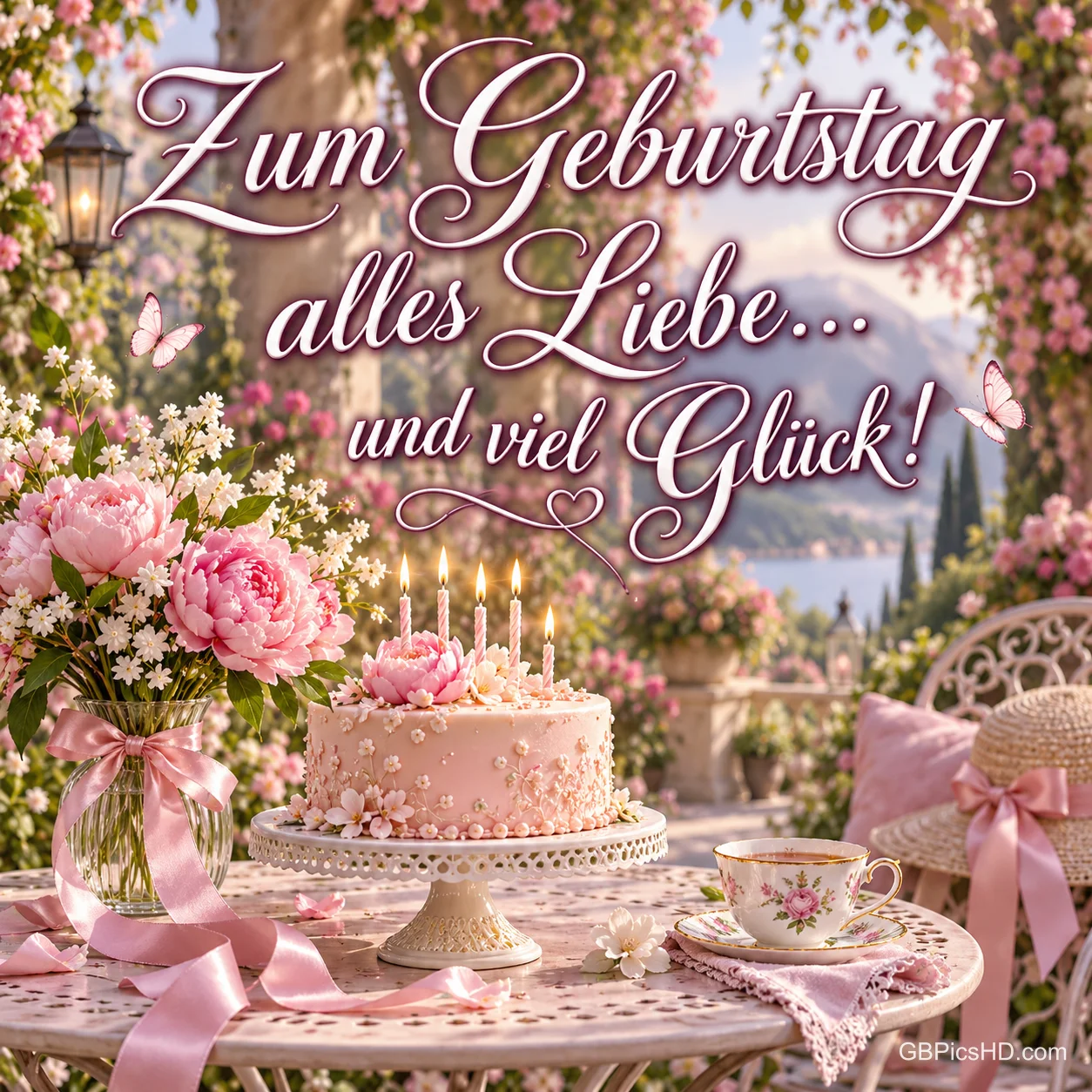 Rosa Pfingstrosen, Geburtstagstorte und eine Teetasse auf einem Gartentisch: "Zum Geburtstag alles Liebe... und viel Glück!". Rosa Pfingstrosen, Geburtstagstorte und eine Teetasse auf einem Gartentisch: "Zum Geburtstag alles Liebe... und viel Glück!".