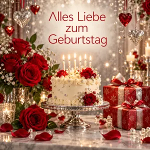 Rote Rosen, eine weiße Torte, rote Geschenke und glitzernde Herzen umrahmen "Alles Liebe zum Geburtstag".
