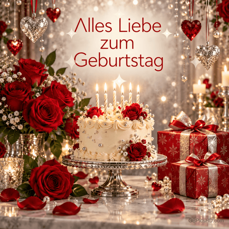 Rote Rosen, eine weiße Torte, rote Geschenke und glitzernde Herzen umrahmen "Alles Liebe zum Geburtstag".