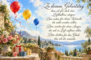 Drei bunte Luftballons schweben über einer blumigen Terrasse mit Geschenken und Seeblick: "Zu deinem Geburtstag".
