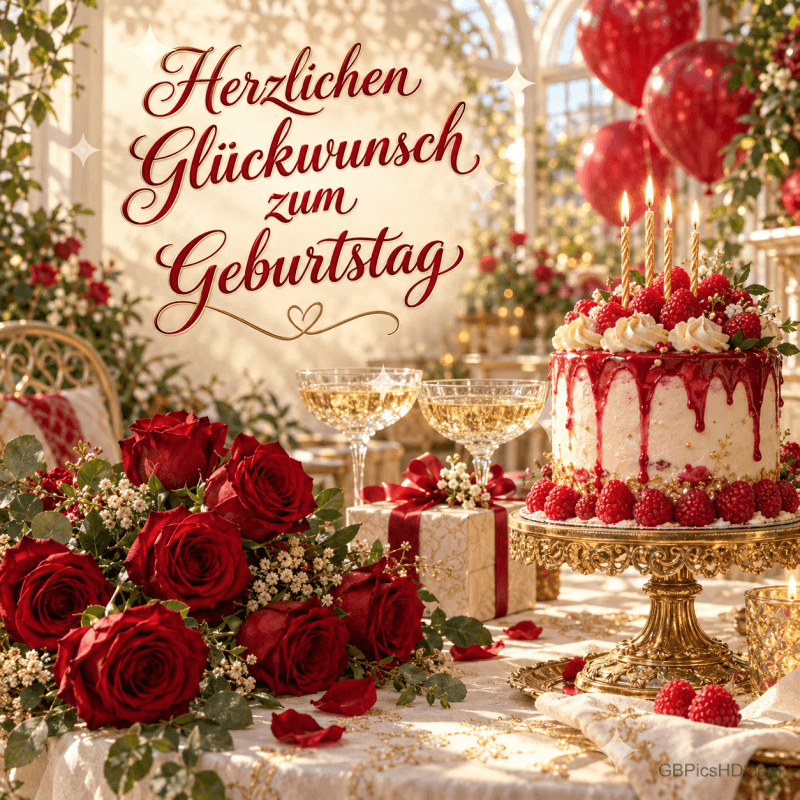 Rote Rosen, Sektgläser, Ballons und eine Himbeertorte mit Kerzen begleiten "Herzlichen Glückwunsch zum Geburtstag".