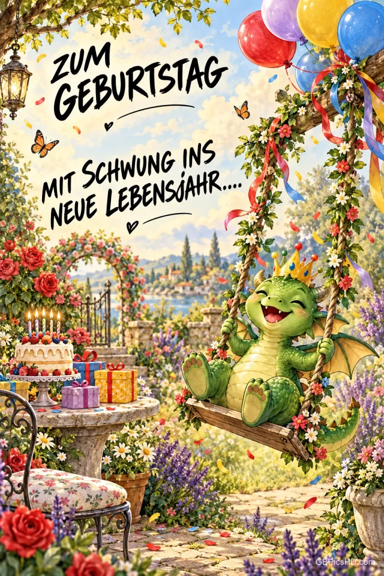 Ein grüner Drache mit Krone schaukelt zwischen Blumen und Ballons: "Zum Geburtstag mit Schwung ins neue Lebensjahr....".