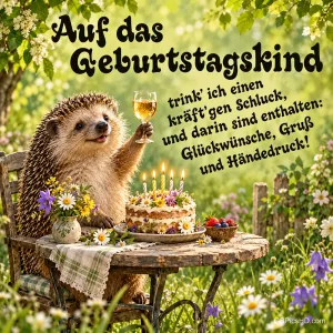 Ein Igel hebt im blühenden Garten ein Sektglas neben einer Torte mit Kerzen zum Gruß "Auf das Geburtstagskind".