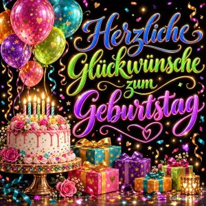 Bunte Luftballons, rote Schleifen und drei Geschenke umrahmen "Herzliche Glückwünsche zum Geburtstag".