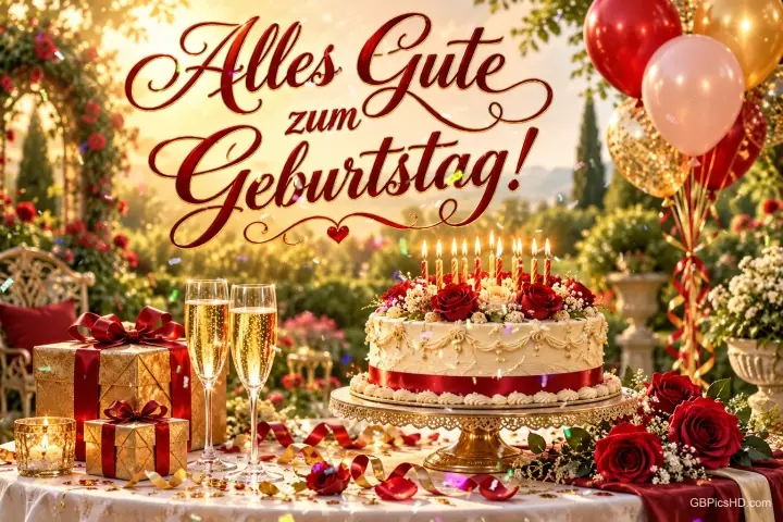 Eine Torte mit Kerzen, Sektgläser, rote Rosen, Geschenke und Ballons im Garten mit "Alles Gute zum Geburtstag!".
