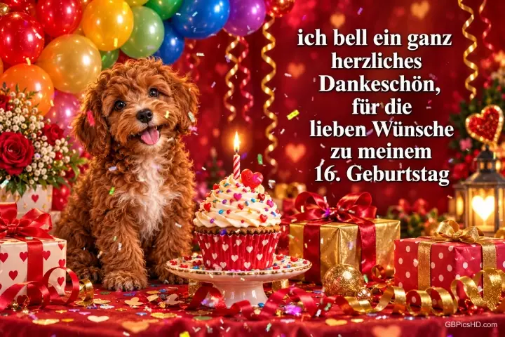 Ein brauner Hund sitzt neben einem Cupcake mit Kerze, Geschenken und Ballons; der Text beginnt mit "Ich bell ein ganz herzliches Dankeschön".