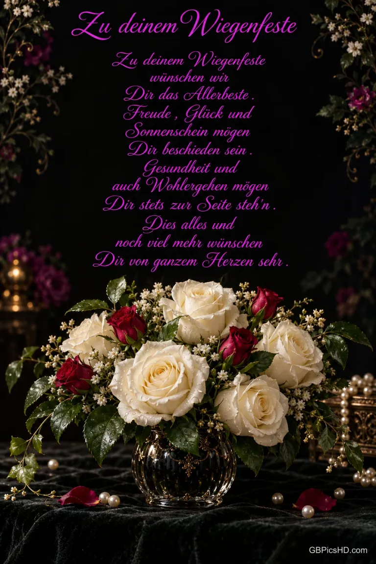 Cremeweiße Rosen mit Wassertropfen und eine rote Knospe schmücken einen schwarzen Hintergrund mit Perlenrahmen und "Zu deinem Wiegenfeste".