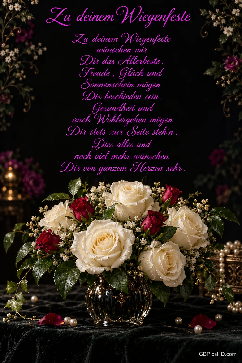 Cremeweiße Rosen mit Wassertropfen und eine rote Knospe schmücken einen schwarzen Hintergrund mit Perlenrahmen und "Zu deinem Wiegenfeste". Cremeweiße Rosen mit Wassertropfen und eine rote Knospe schmücken einen schwarzen Hintergrund mit Perlenrahmen und "Zu deinem Wiegenfeste".
