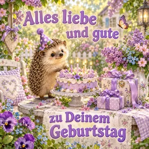 Ein Igel mit Partyhut steht neben einer lila Torte und Geschenken im Blumengarten mit "Alles Liebe und Gute zu Deinem Geburtstag".