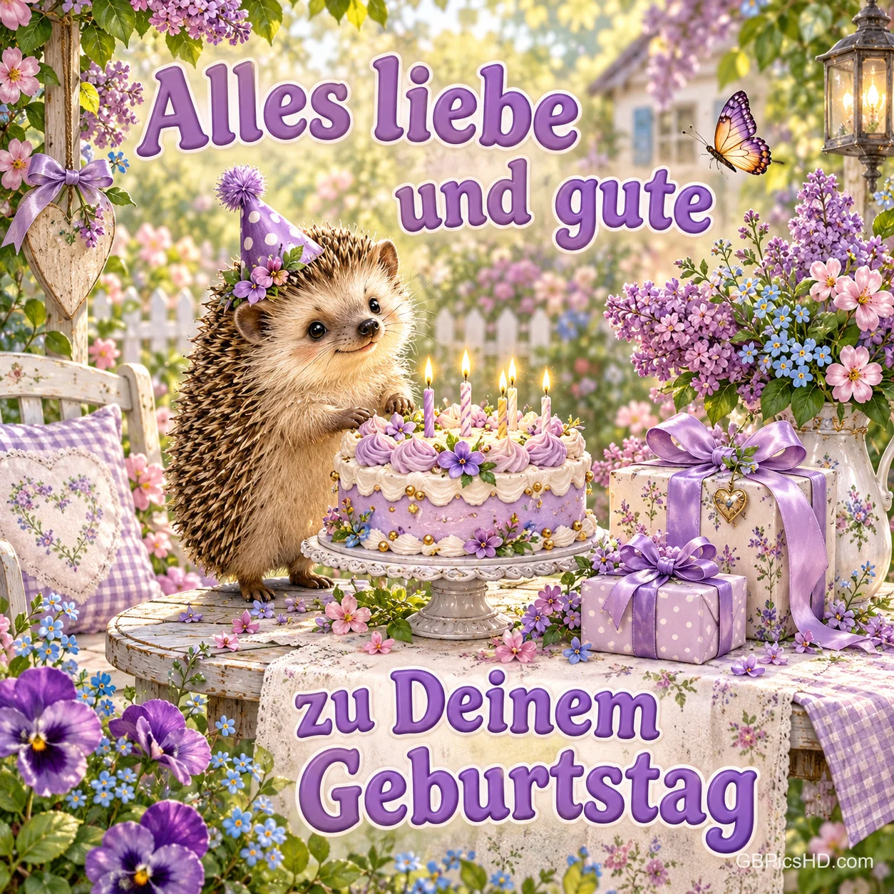 Ein Igel mit Partyhut steht neben einer lila Torte und Geschenken im Blumengarten mit "Alles Liebe und Gute zu Deinem Geburtstag". Ein Igel mit Partyhut steht neben einer lila Torte und Geschenken im Blumengarten mit "Alles Liebe und Gute zu Deinem Geburtstag".