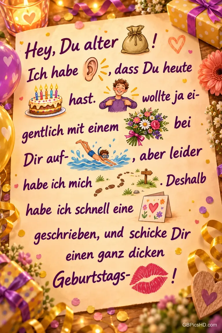 Eine Karte mit "Hey, Du alter Sack!" enthält ein Bilderrätsel mit Ohr, Torte, Blumenstrauß, Schwimmer und Kussmund, umgeben von Geschenken.