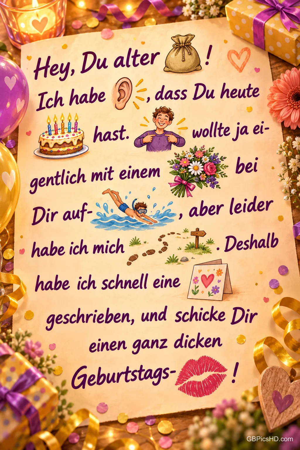 Eine Karte mit "Hey, Du alter Sack!" enthält ein Bilderrätsel mit Ohr, Torte, Blumenstrauß, Schwimmer und Kussmund, umgeben von Geschenken. Eine Karte mit "Hey, Du alter Sack!" enthält ein Bilderrätsel mit Ohr, Torte, Blumenstrauß, Schwimmer und Kussmund, umgeben von Geschenken.
