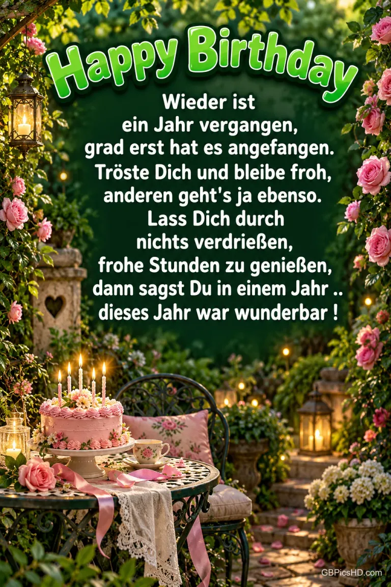 Eine rosa Geburtstagstorte, eine Tasse und Laternen stehen im Rosengarten unter "Happy Birthday" und einem Geburtstagsgedicht.