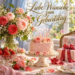 Eine rosa Geburtstagstorte, Rosen, Erdbeeren und ein Geschenk auf einem Tisch am Fenster begleiten "Liebe Wünsche zum Geburtstag".