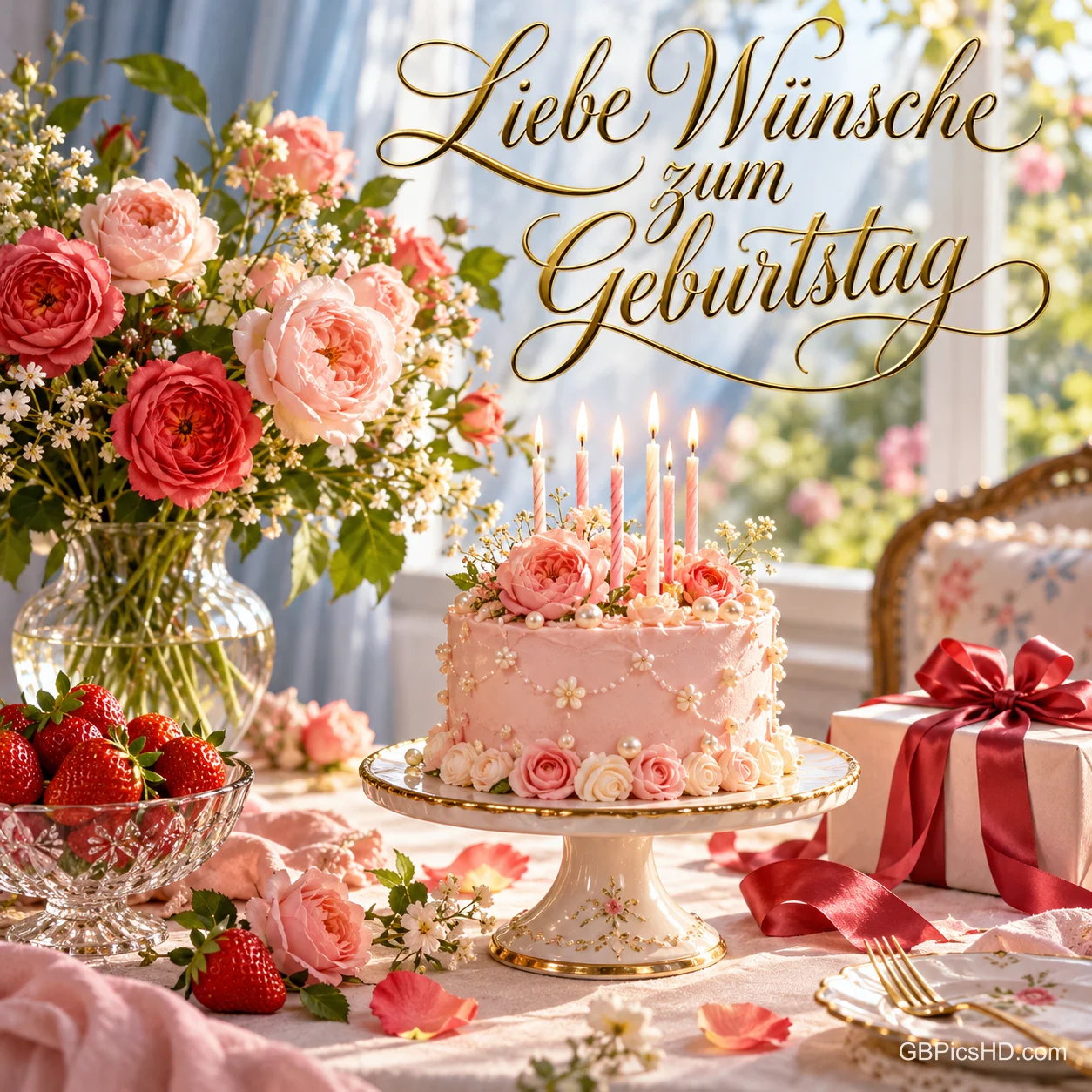 Eine rosa Geburtstagstorte, Rosen, Erdbeeren und ein Geschenk auf einem Tisch am Fenster begleiten "Liebe Wünsche zum Geburtstag".