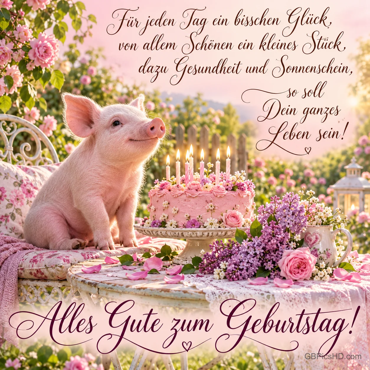 Ein Ferkel sitzt im blühenden Garten neben einer rosa Torte mit Kerzen unter dem Gruß "Alles Gute zum Geburtstag!".