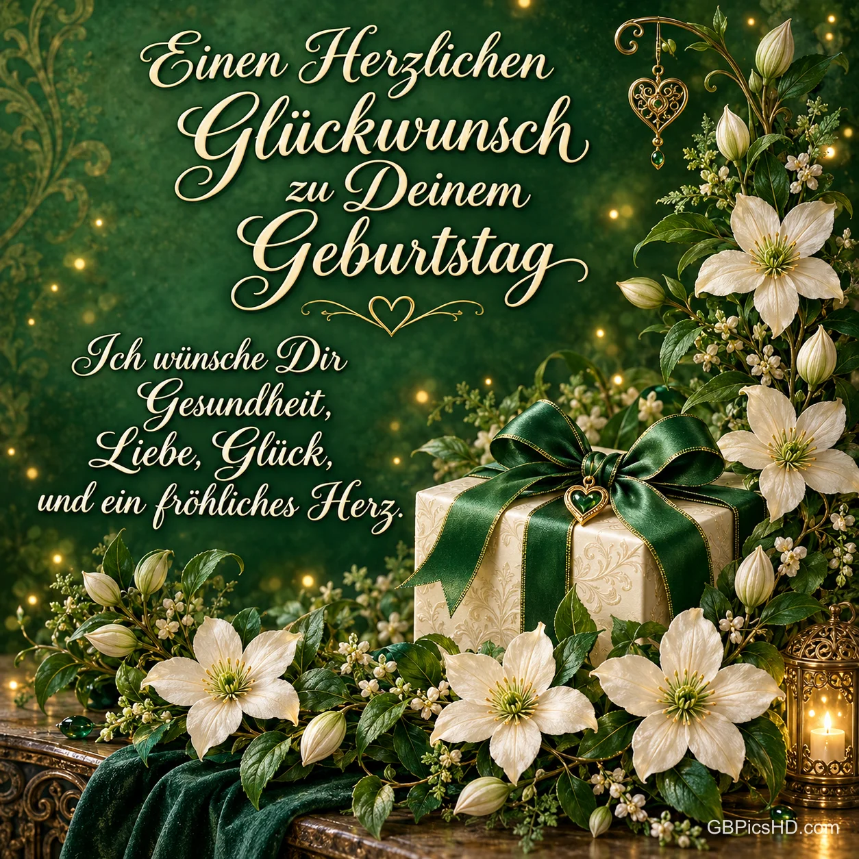 Cremefarbene Blüten schmücken eine grüne Karte mit "Einen herzlichen Glückwunsch zu Deinem Geburtstag".