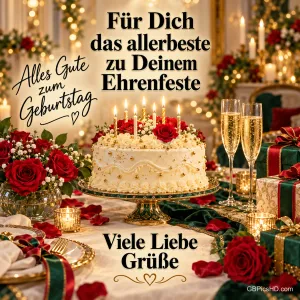 Eine Geburtstagstorte mit Kerzen, rote Rosen, Sektgläser und Geschenke unter "Für Dich das Allerbeste zu Deinem Ehrenfeste".