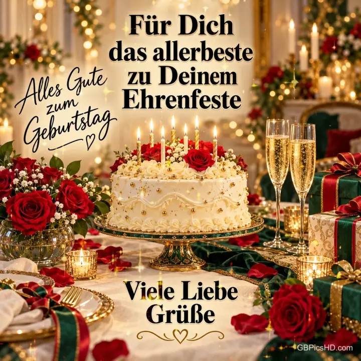 Eine Geburtstagstorte mit Kerzen, rote Rosen, Sektgläser und Geschenke unter "Für Dich das Allerbeste zu Deinem Ehrenfeste".