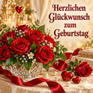 Rote Rosen in einer Kristallvase, kleine Herzen und rotes Satinband auf einer festlichen Tafel begleiten "Herzlichen Glückwunsch zum Geburtstag".