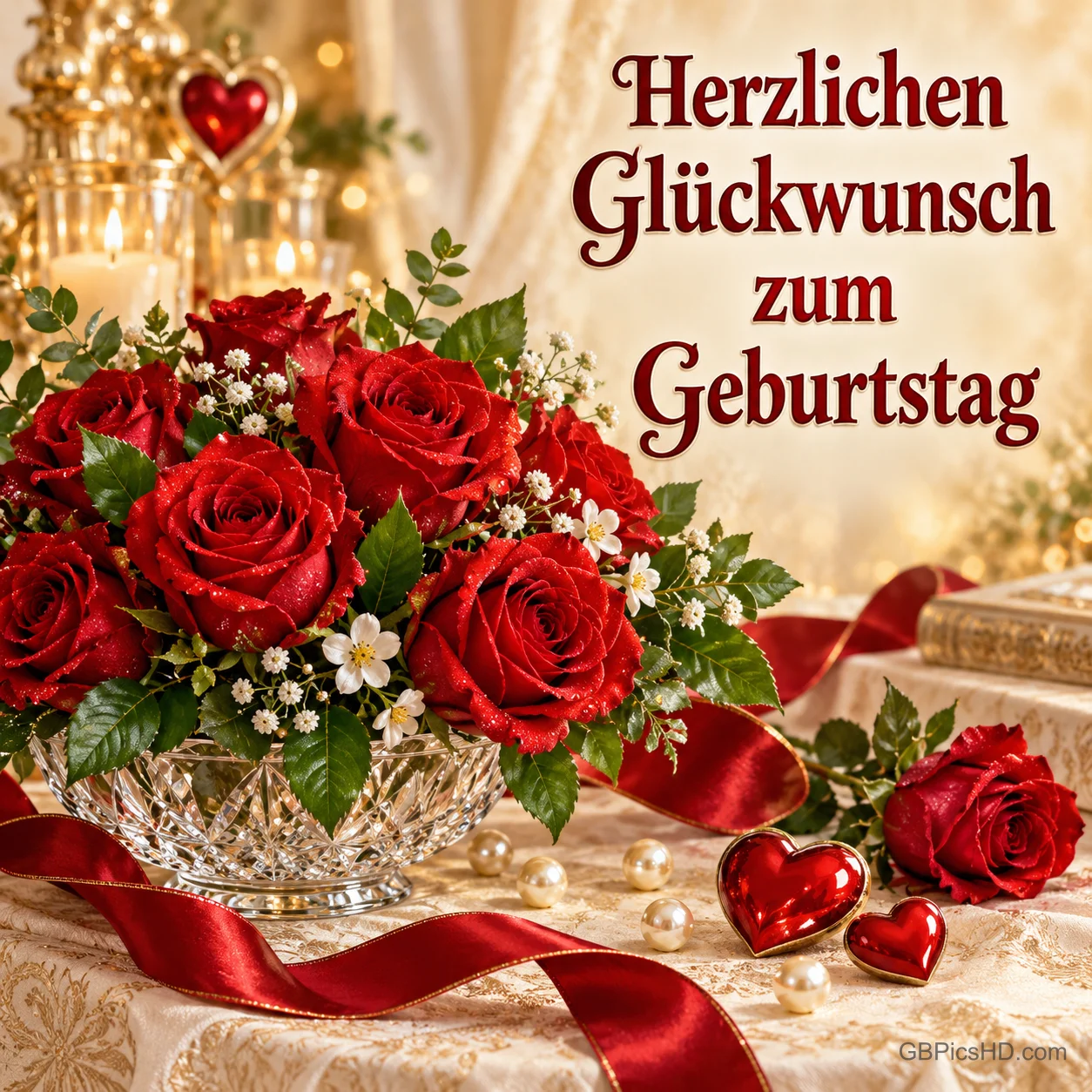 Rote Rosen in einer Kristallvase, kleine Herzen und rotes Satinband auf einer festlichen Tafel begleiten "Herzlichen Glückwunsch zum Geburtstag".