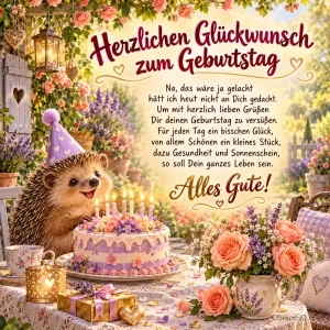 Ein Igel mit Partyhut sitzt neben einer Torte, Blumen und Geschenken im Garten unter "Herzlichen Glückwunsch zum Geburtstag".