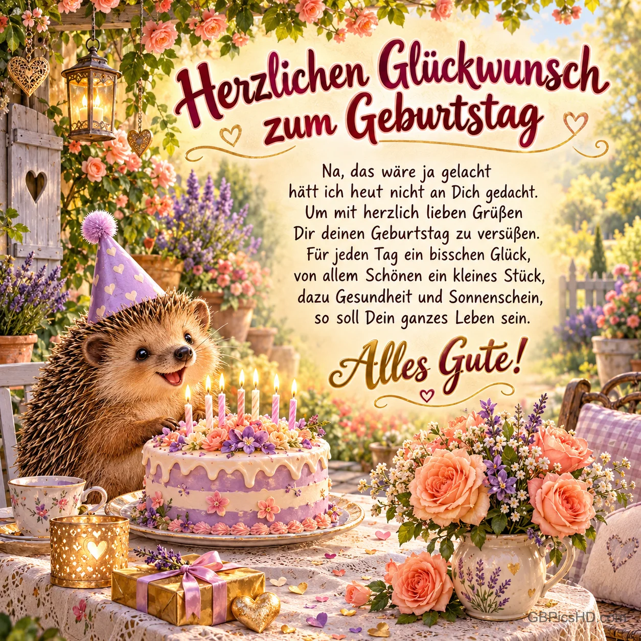 Ein Igel mit Partyhut sitzt neben einer Torte, Blumen und Geschenken im Garten unter "Herzlichen Glückwunsch zum Geburtstag".