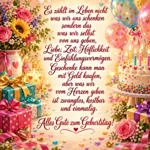 Bunte Geschenke, Herzballons, Blumen und eine Torte mit Kerzen umgeben einen Spruch über Herzensgaben und "Alles Gute zum Geburtstag!".