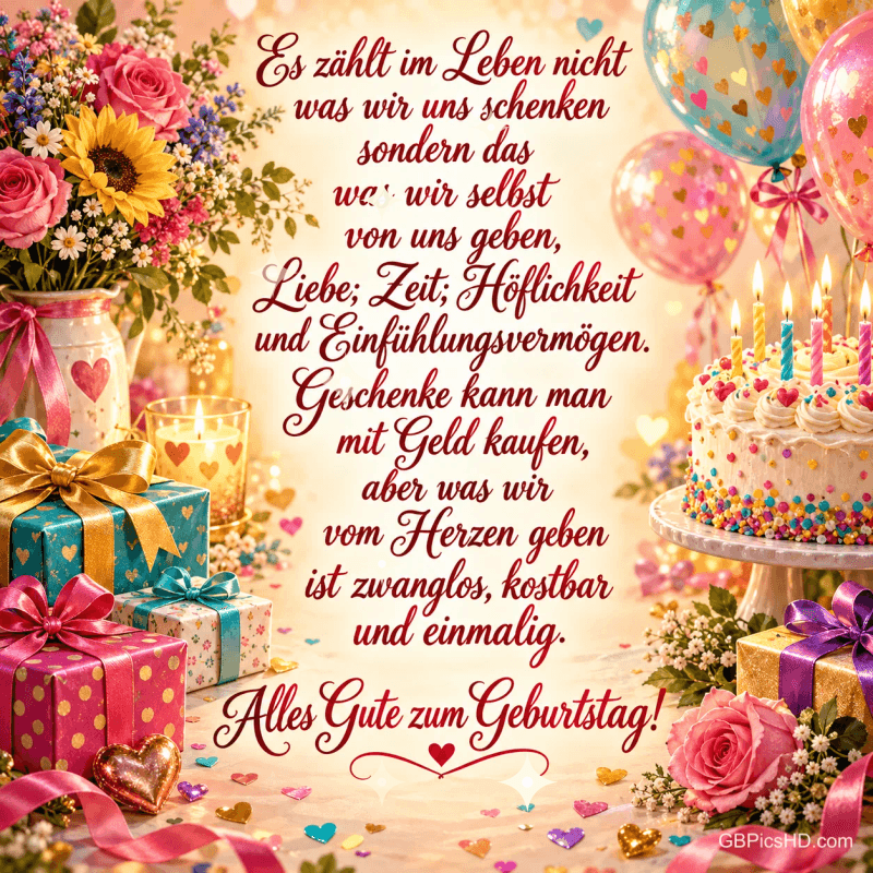 Bunte Geschenke, Herzballons, Blumen und eine Torte mit Kerzen umgeben einen Spruch über Herzensgaben und "Alles Gute zum Geburtstag!".