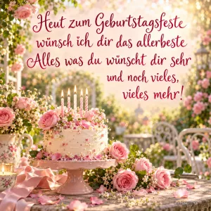 Eine Torte mit brennenden Kerzen und rosa Rosen steht im Garten unter "Heut zum Geburtstagsfeste wünsch ich dir das Allerbeste".