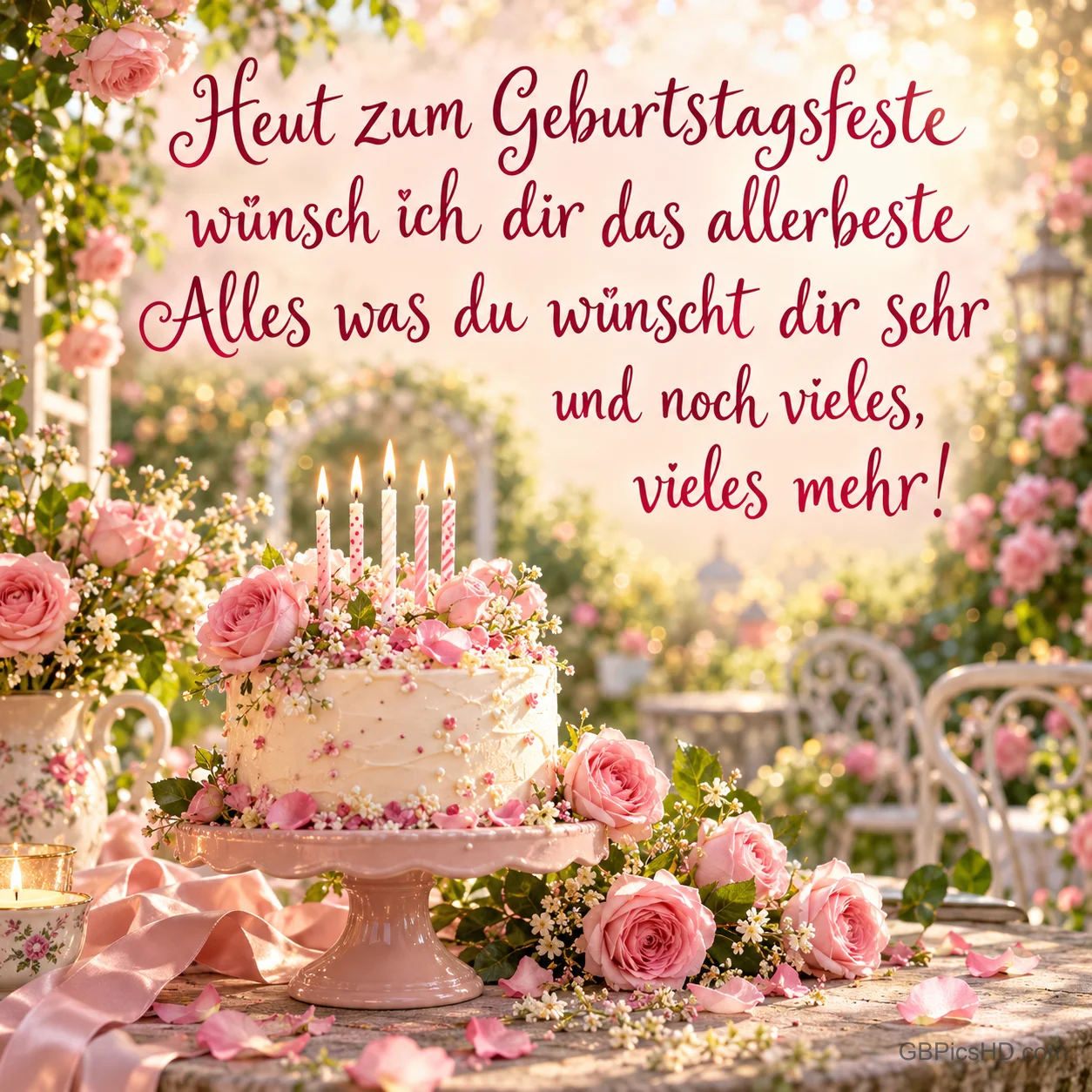 Eine Torte mit brennenden Kerzen und rosa Rosen steht im Garten unter "Heut zum Geburtstagsfeste wünsch ich dir das Allerbeste".
