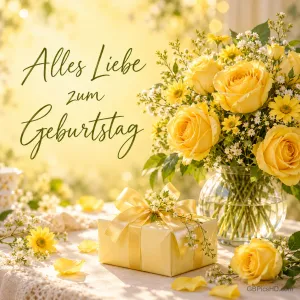 Gelbe Rosen und kleine Blüten in einer Glasvase stehen neben einem gelben Geschenk mit "Alles Liebe zum Geburtstag".