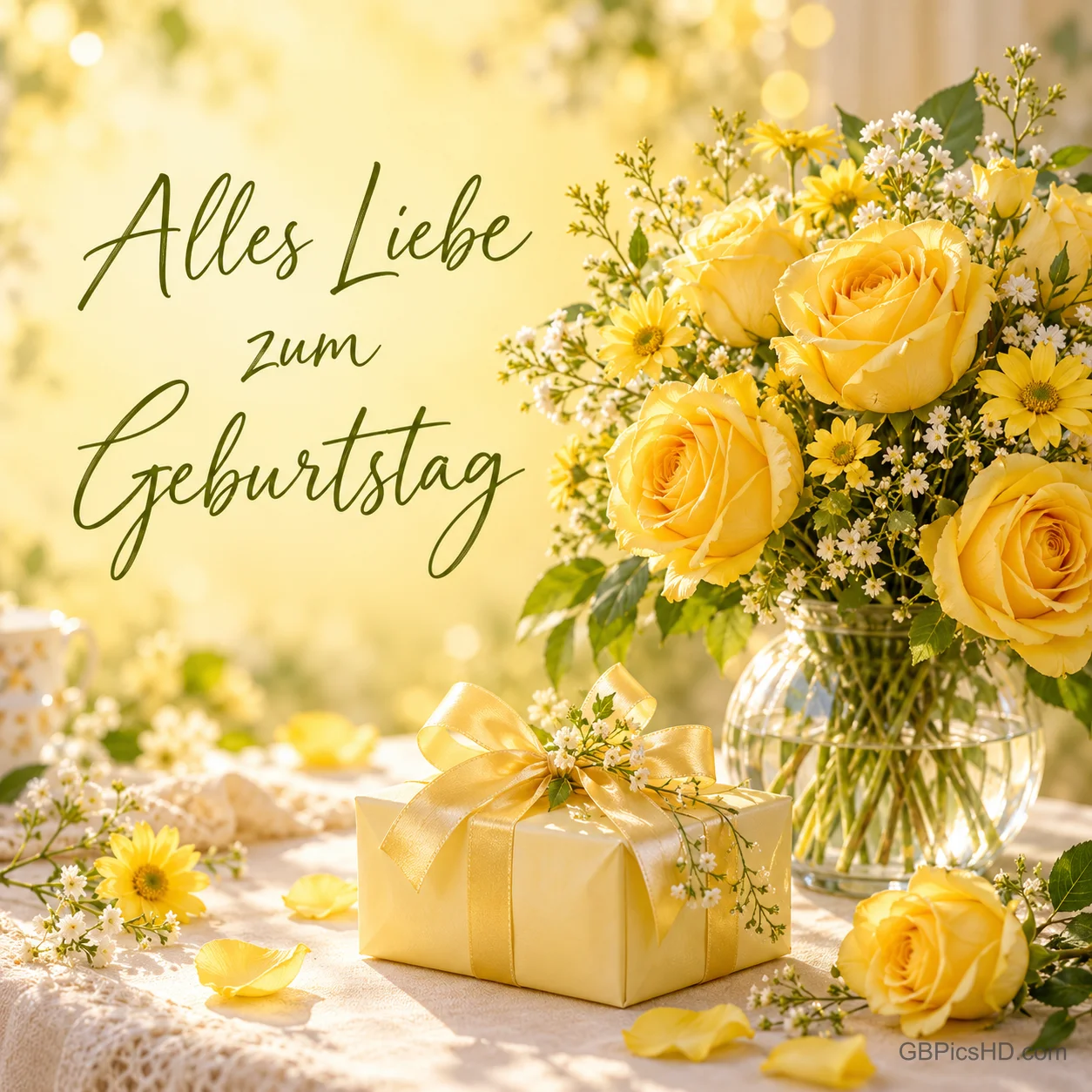 Gelbe Rosen und kleine Blüten in einer Glasvase stehen neben einem gelben Geschenk mit "Alles Liebe zum Geburtstag".