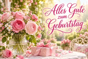 Rosa Rosen in einer Glasvase und ein rosa Geschenk auf einem Gartentisch mit "Alles Gute zum Geburtstag".